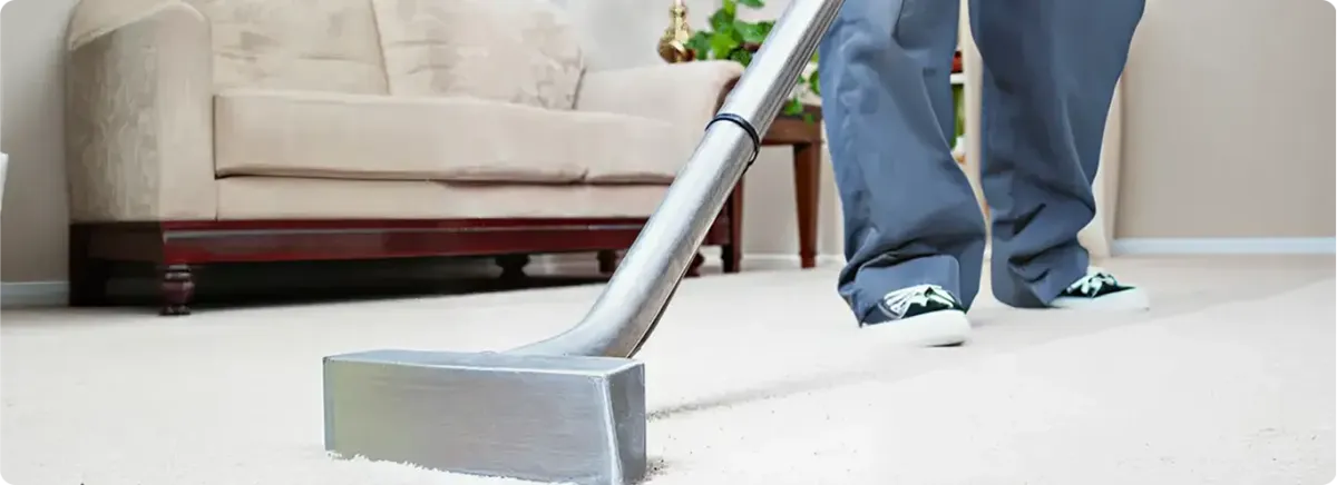 Carpet cleaning technician using a hot-water extraction wand on a light-colored carpet in a living room, Wilmington, NC.